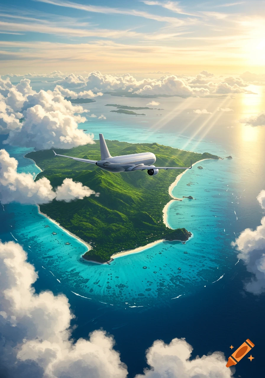 Photorealistic aerial view of a white airplane flying above a tropical island with turquoise water and white sand beaches at sunset.