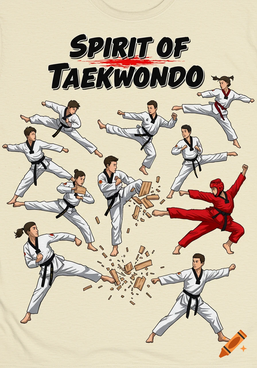 A cartoon illustration of multiple taekwondo practitioners in white and red uniforms performing various kicks, blocks, and board breaks. The text "SPIRIT OF TAEKWONDO" is at the top.