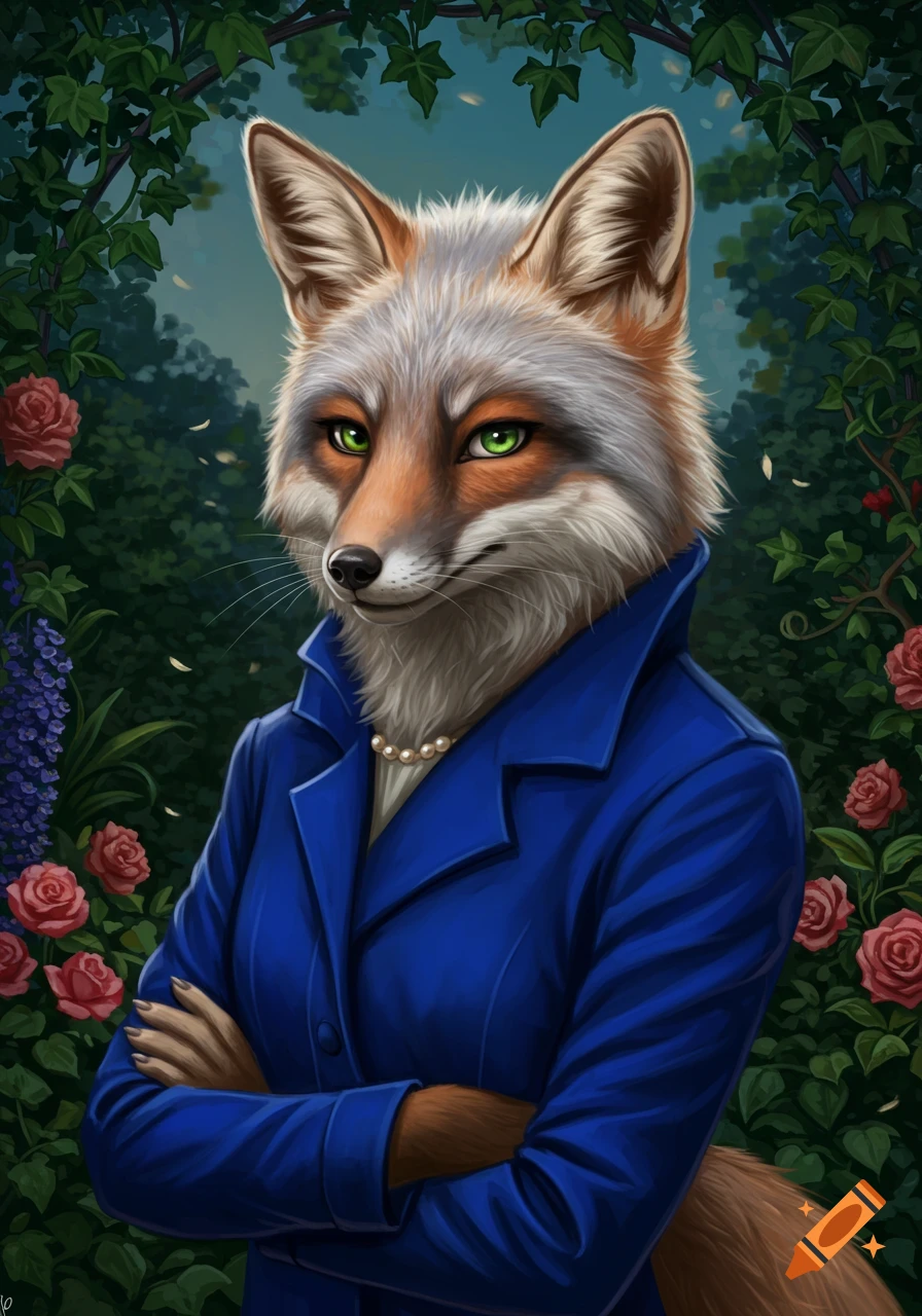 An anthropomorphic fox with green eyes wears a blue suit and pearl necklace, framed by green leaves and red roses.