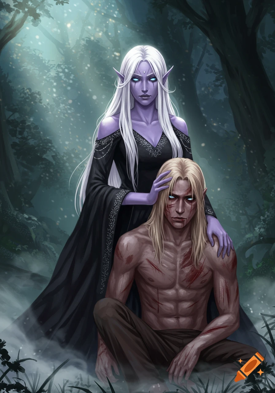 A tall, purple-skinned female elf with white hair stands over a wounded, scarred blond man in a mystical forest.