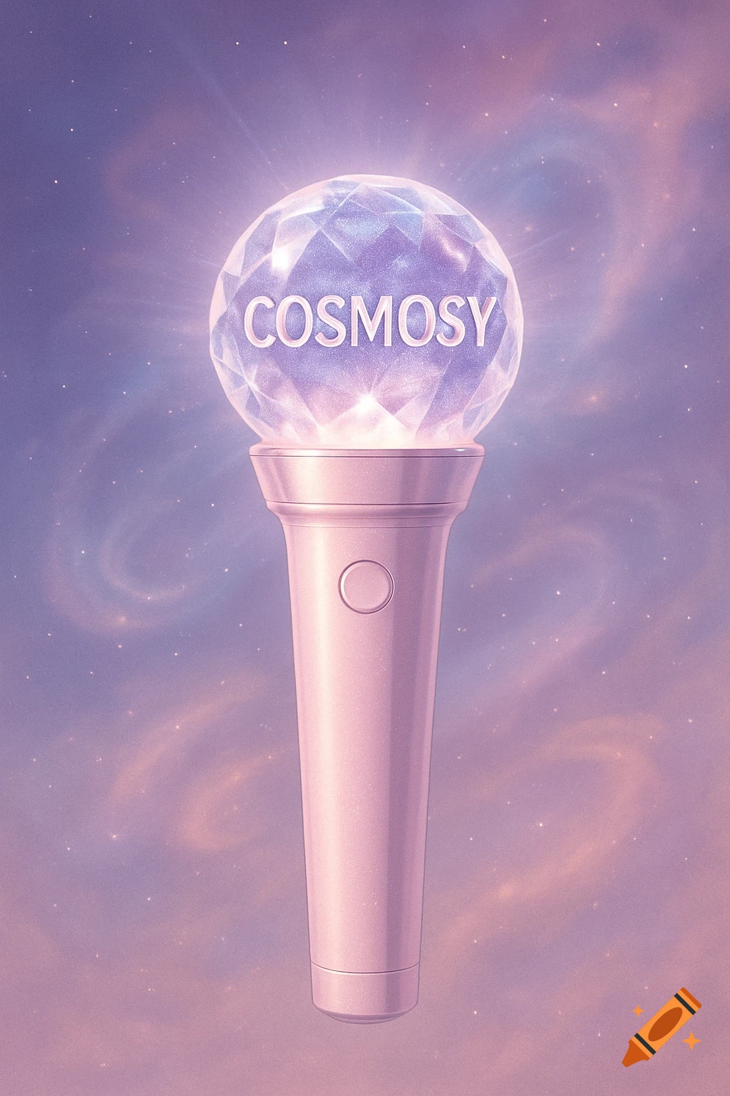 A pink and purple K-pop lightstick with a glowing, faceted crystal globe that reads "COSMOSY" against a starry, pastel sky.