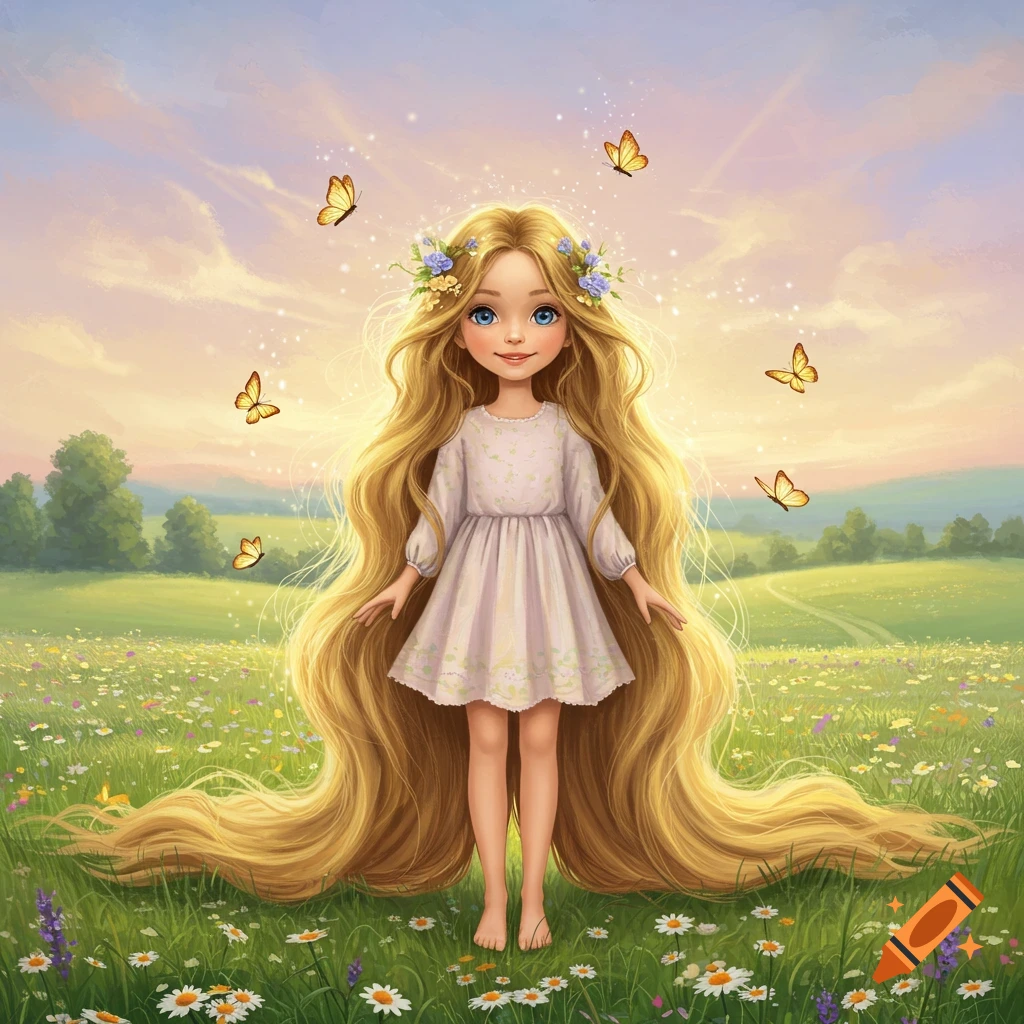 A fairytale-style illustration of a cute girl with very long blonde hair standing in a field of flowers with butterflies.