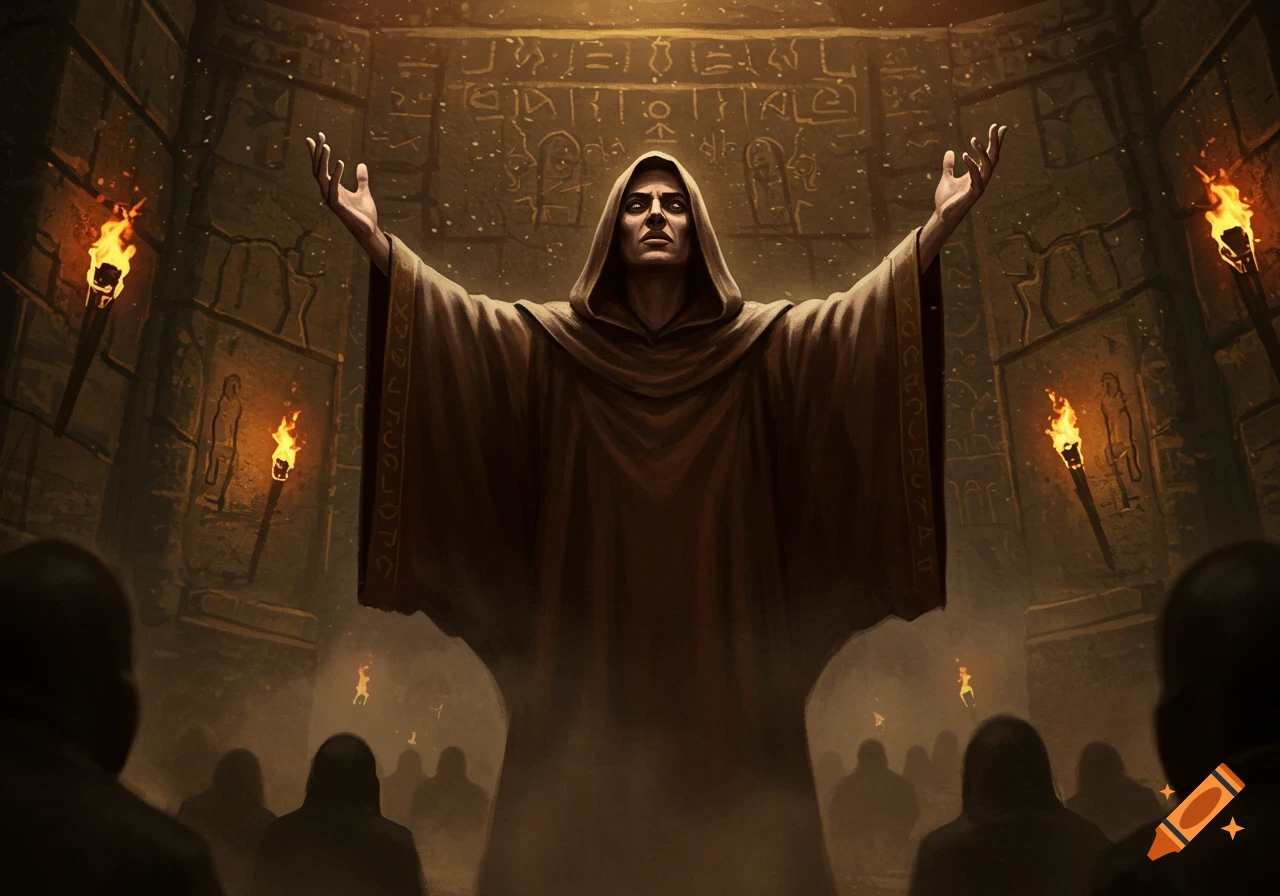 A hooded figure in brown robes with arms outstretched, addressing a shadowy congregation in a torchlit ancient chamber with hieroglyphs on the walls.