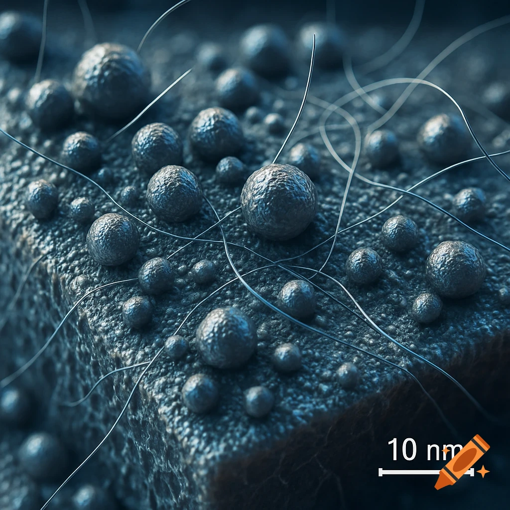 3D rendering of a textured battery electrode surface with dispersed nanoscale particles and nanowires, showing a '10 nm' scale bar.