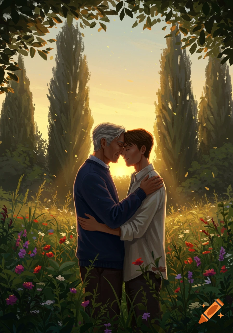 Two men embracing in a sunlit field with tall trees and wildflowers in a digital painting style.
