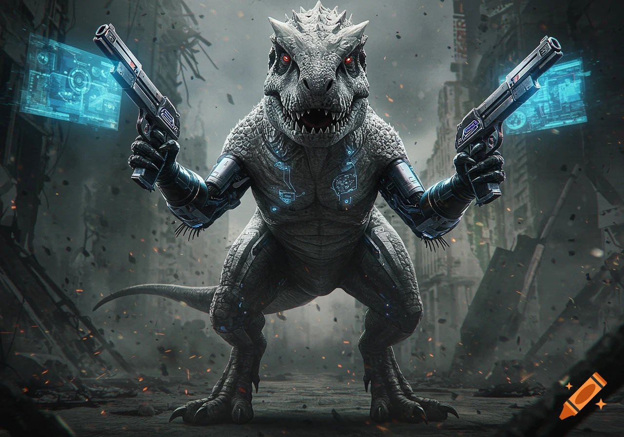 A powerful, grey cyborg dinosaur with red eyes stands in a ruined city, holding two large futuristic guns.