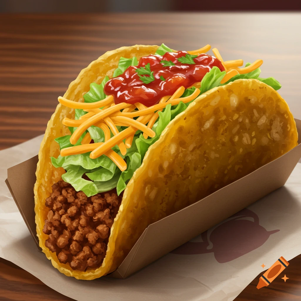 A close-up, photorealistic image of a Taco Bell hard-shell taco with ground beef, lettuce, cheese, and salsa, resting on a paper wrapper.