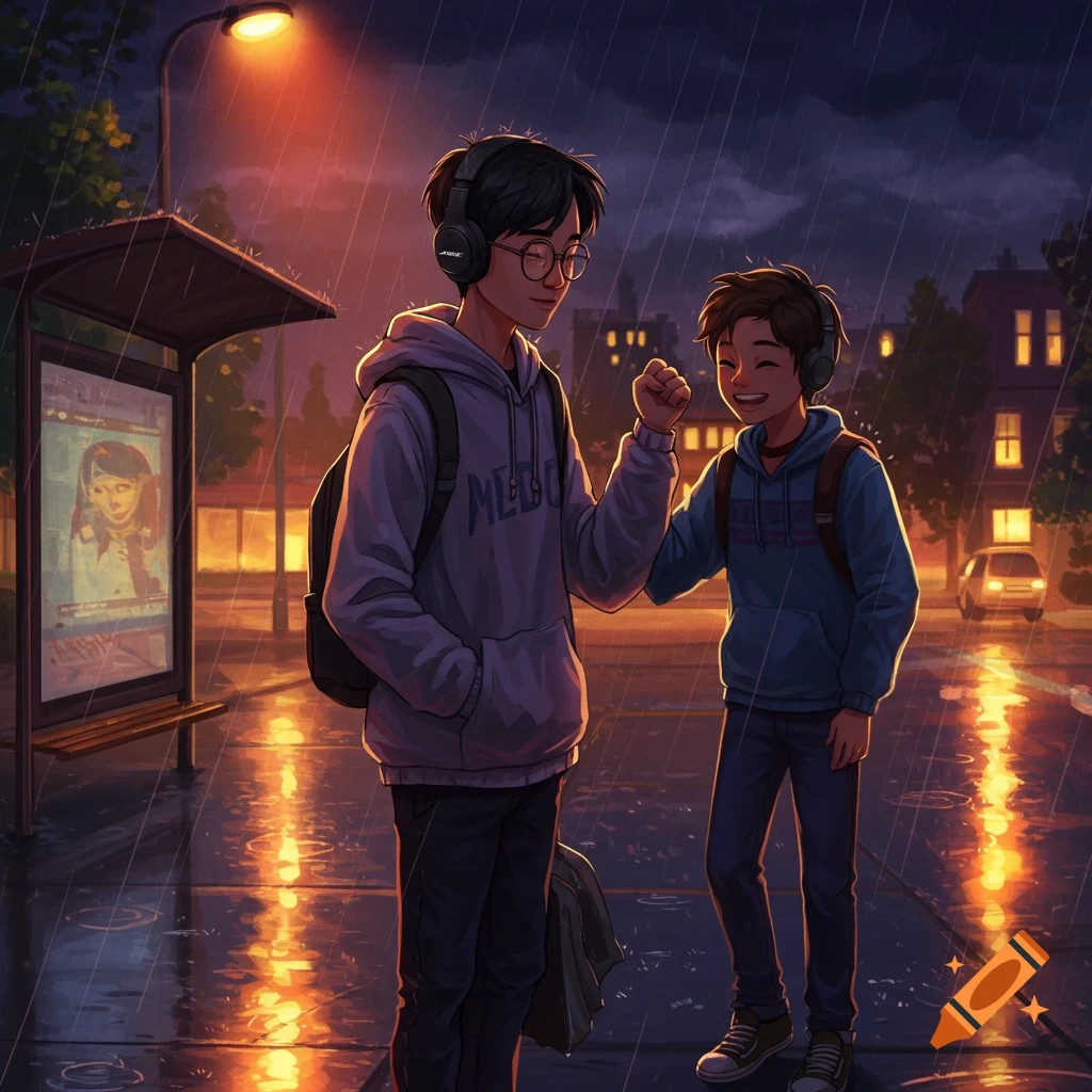 Two cartoon-style boys in hoodies and headphones fist bump at a bus stop in the rain at dusk, with streetlights reflecting on the wet ground.