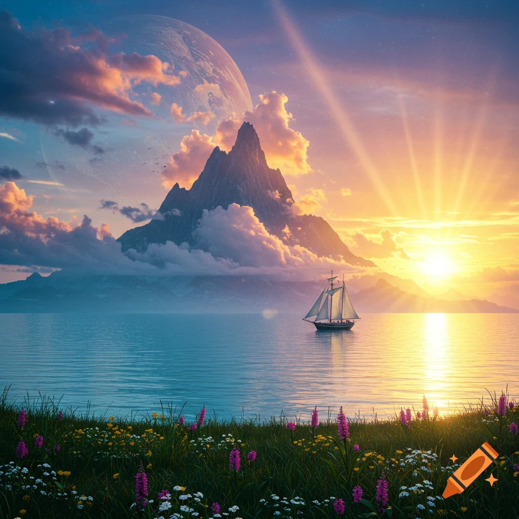 A sailboat on a lake with mountains under a large planet and a glowing sunset, with wildflowers in the foreground.