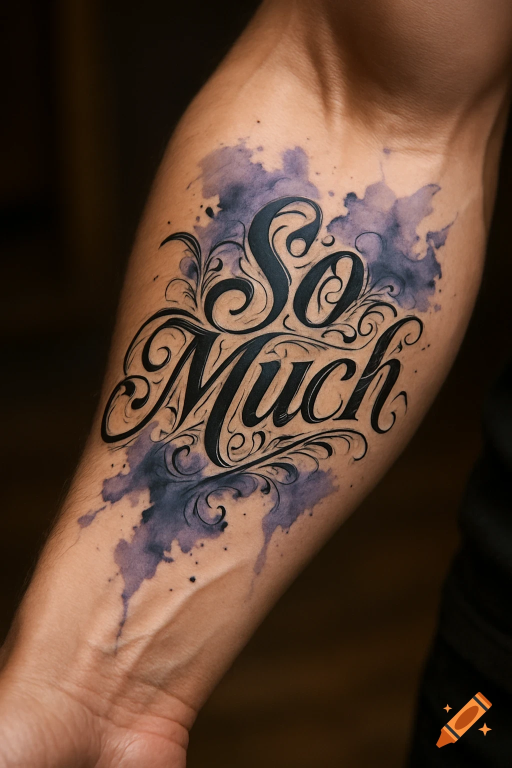 Close-up of an arm featuring a stylish 'So Much' tattoo with intricate script and a purple watercolor background.
