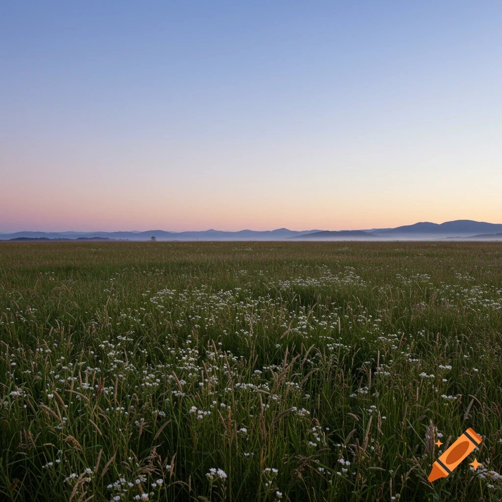 A wide field of green grass and white wildflowers under a pastel pink and blue sky with distant hazy mountains at sunrise.