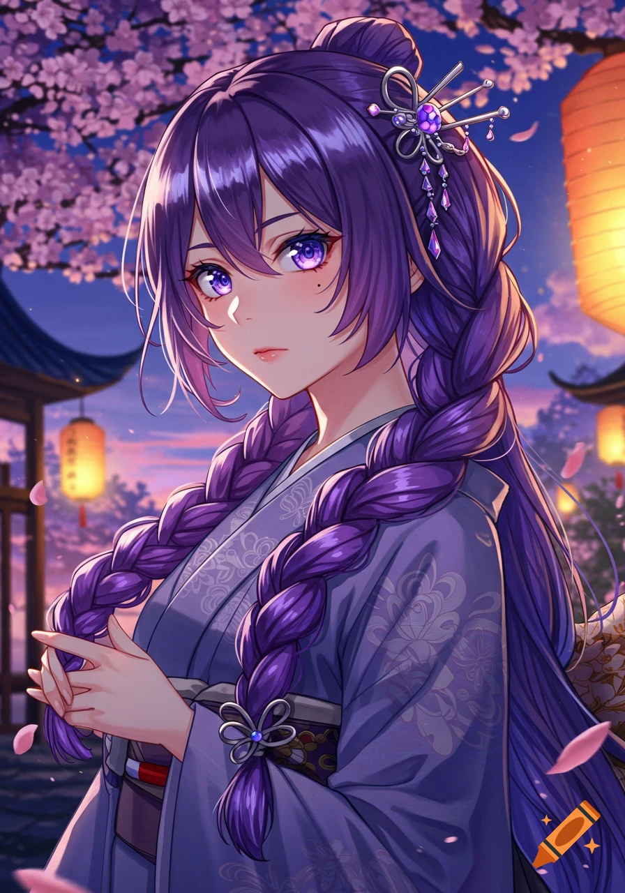 Anime woman with long purple braided hair and purple eyes, wearing a kimono amidst cherry blossoms and traditional Japanese lanterns at dusk.