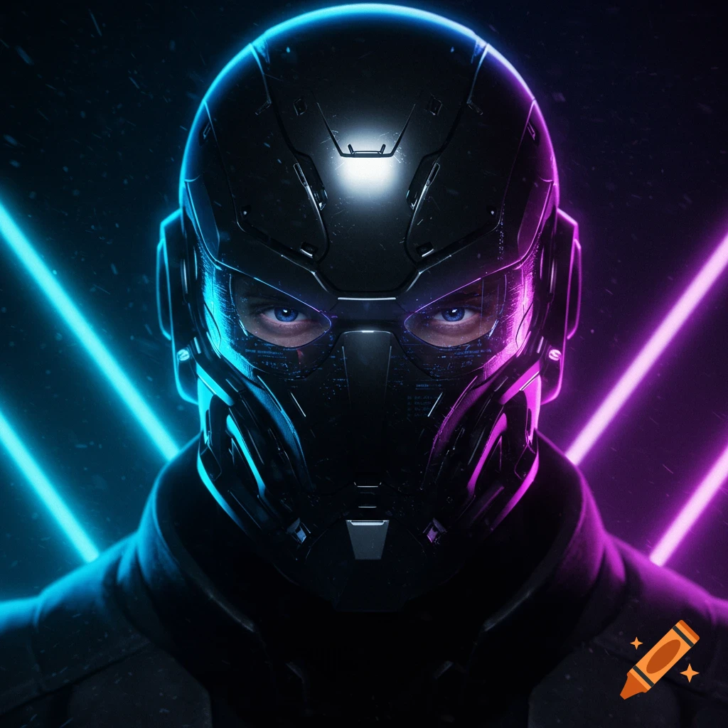 Close-up of a person in a sleek black futuristic helmet with glowing neon blue and purple lights, showcasing intense blue eyes and digital HUD elements.
