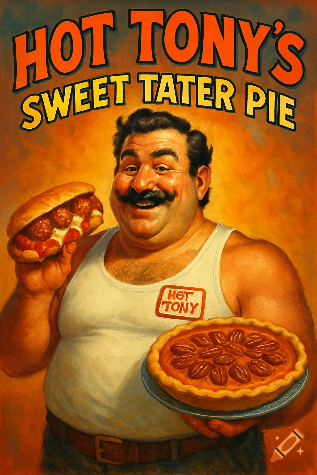 A smiling, burly man with a mustache in a tank top holds a meatball sub and a pecan pie. Text reads 'Hot Tony's Sweet Tater Pie'.