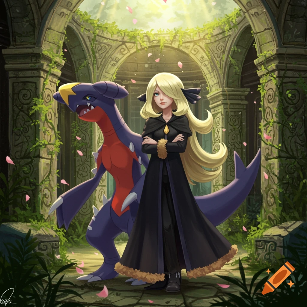 Cynthia and Garchomp stand in sunlit, moss-covered ruins with pink petals falling. Cynthia has long blonde hair and wears a black coat.