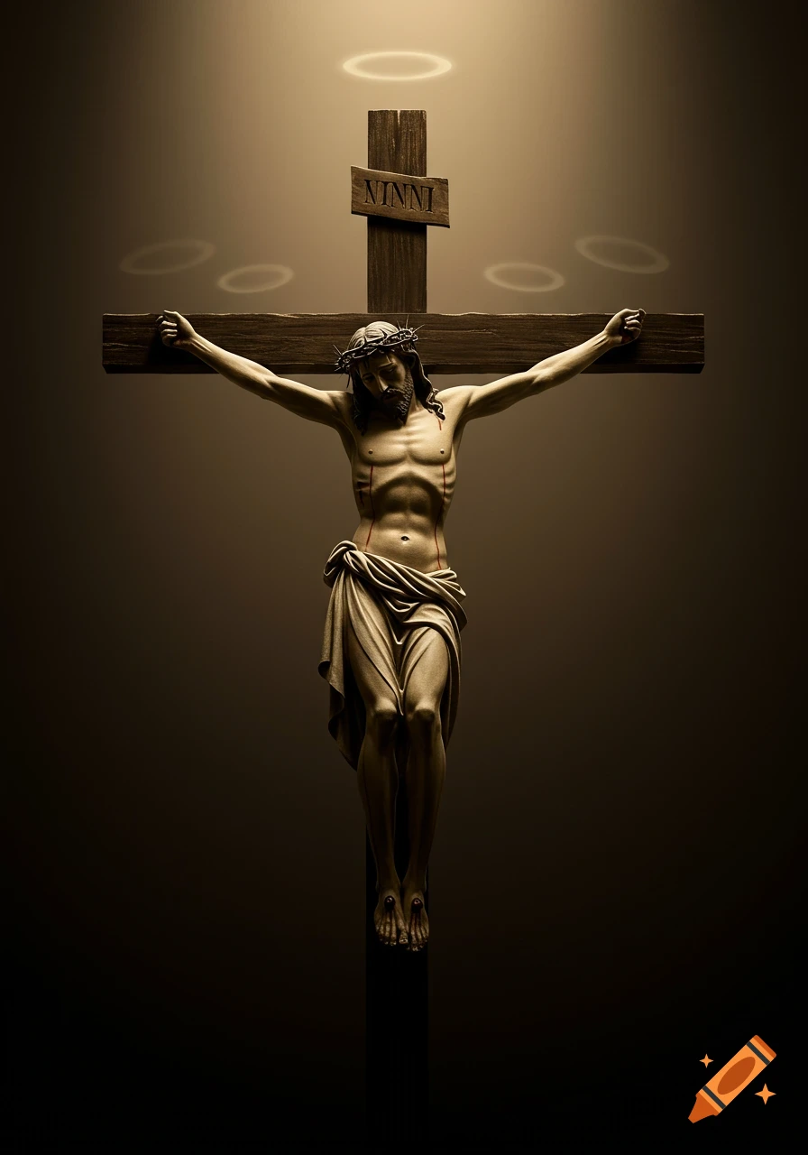 A stylized, statue-like depiction of Jesus on a cross, with a crown of thorns and subtle red markings, under dramatic lighting. Text on the cross reads "NINNI."