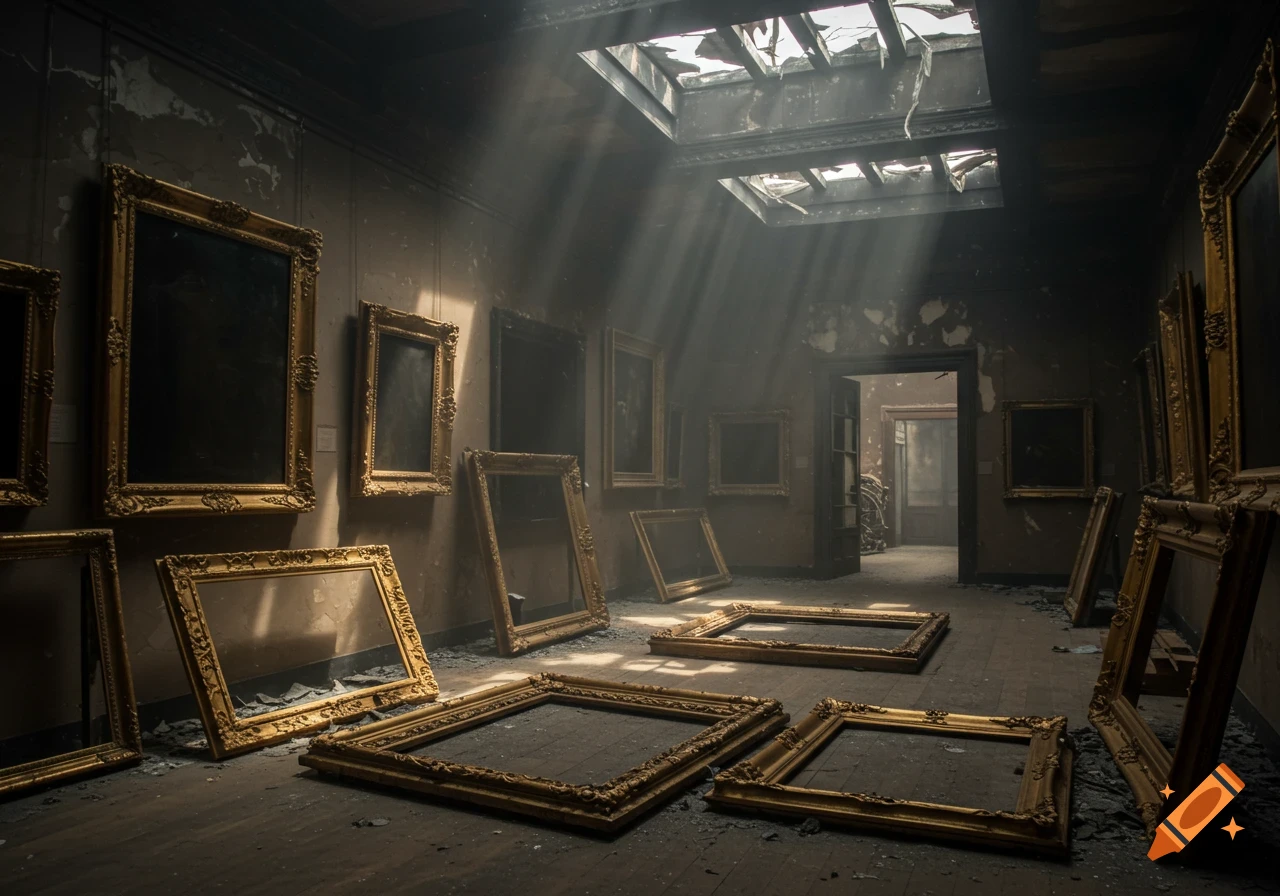 A dusty, abandoned art gallery with ornate golden frames on the walls and floor, illuminated by light rays streaming through a broken skylight.