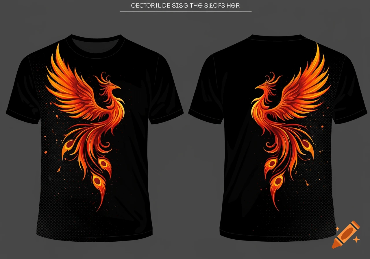 Two black t-shirts, front and back view, featuring a vibrant orange and red phoenix design with flowing fiery feathers.