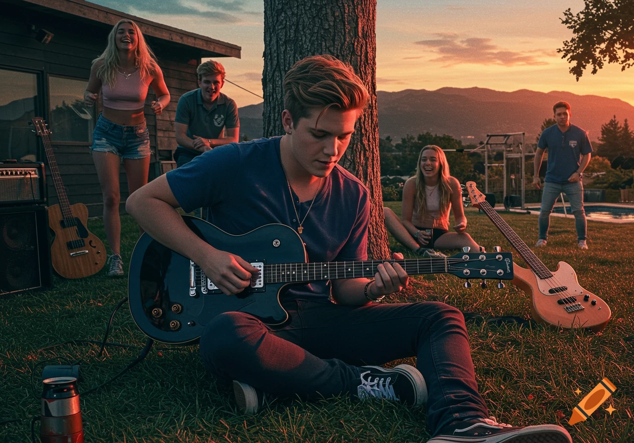 A group of young friends gather outdoors at sunset, one boy sits playing an electric guitar while others watch.