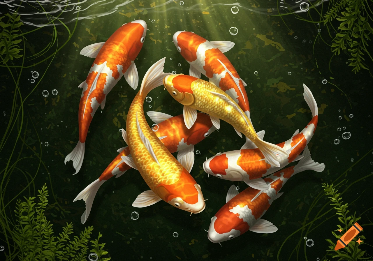 An overhead view of multiple orange and white, and one yellow koi fish swimming in a dark green pond with underwater plants and light rays. Bubbles float in the water.