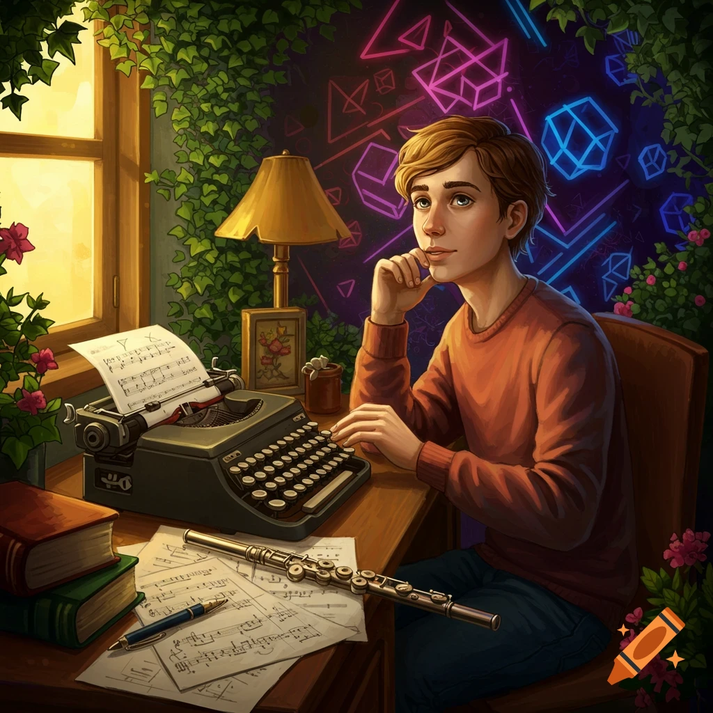 A young man with light brown hair sits at a wooden desk with a vintage typewriter, musical notes, and a flute. He rests his chin on his hand, looking thoughtful, against a background of glowing neon geometric shapes and lush green ivy.