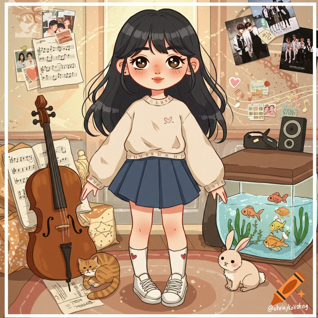 A cute cartoon girl with black hair and a white sweater stands in a room with a cello, sheet music, K-pop posters, a cat, a bunny, and a fish tank.