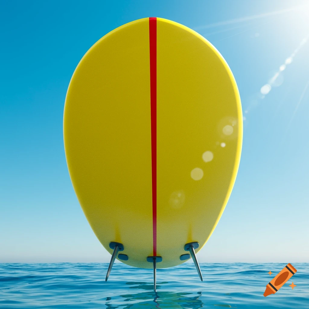 A yellow surfboard with a single red stripe down the middle floats upright in blue ocean water under a bright, sunny sky.