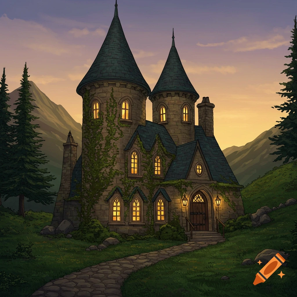 An illustrated whimsical stone house with turrets and glowing windows, covered in ivy on a grassy hill with a path, mountains and pine trees under a sunset sky.