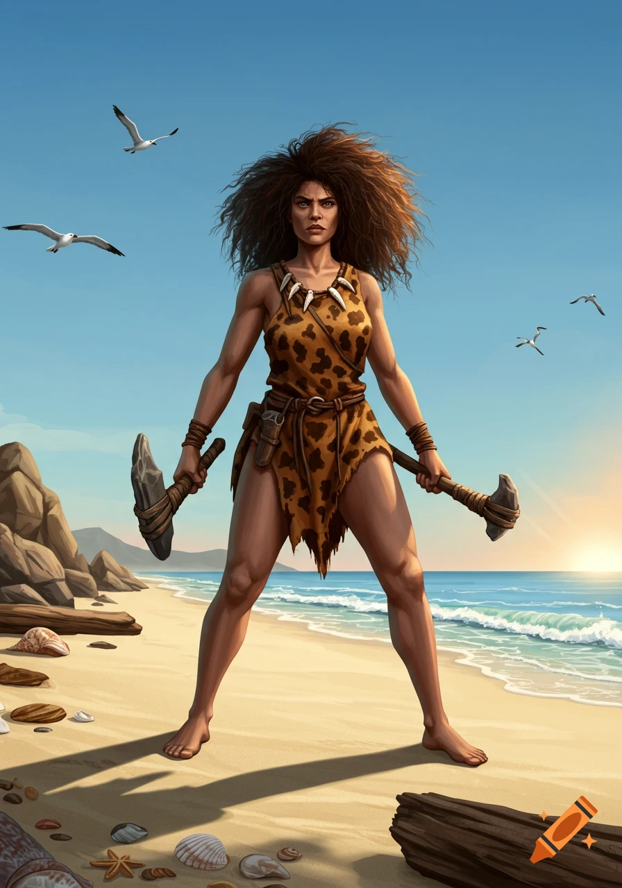 A muscular cavewoman in a leopard print dress holds two stone axes on a sunny beach with seagulls and ocean.