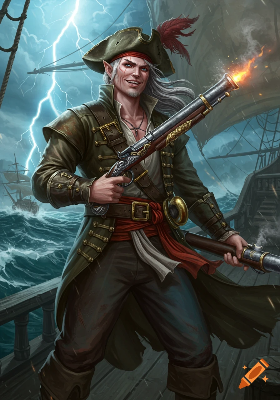A grinning elf pirate with long white hair stands on a ship deck, holding a smoking blunderbuss during a lightning storm.
