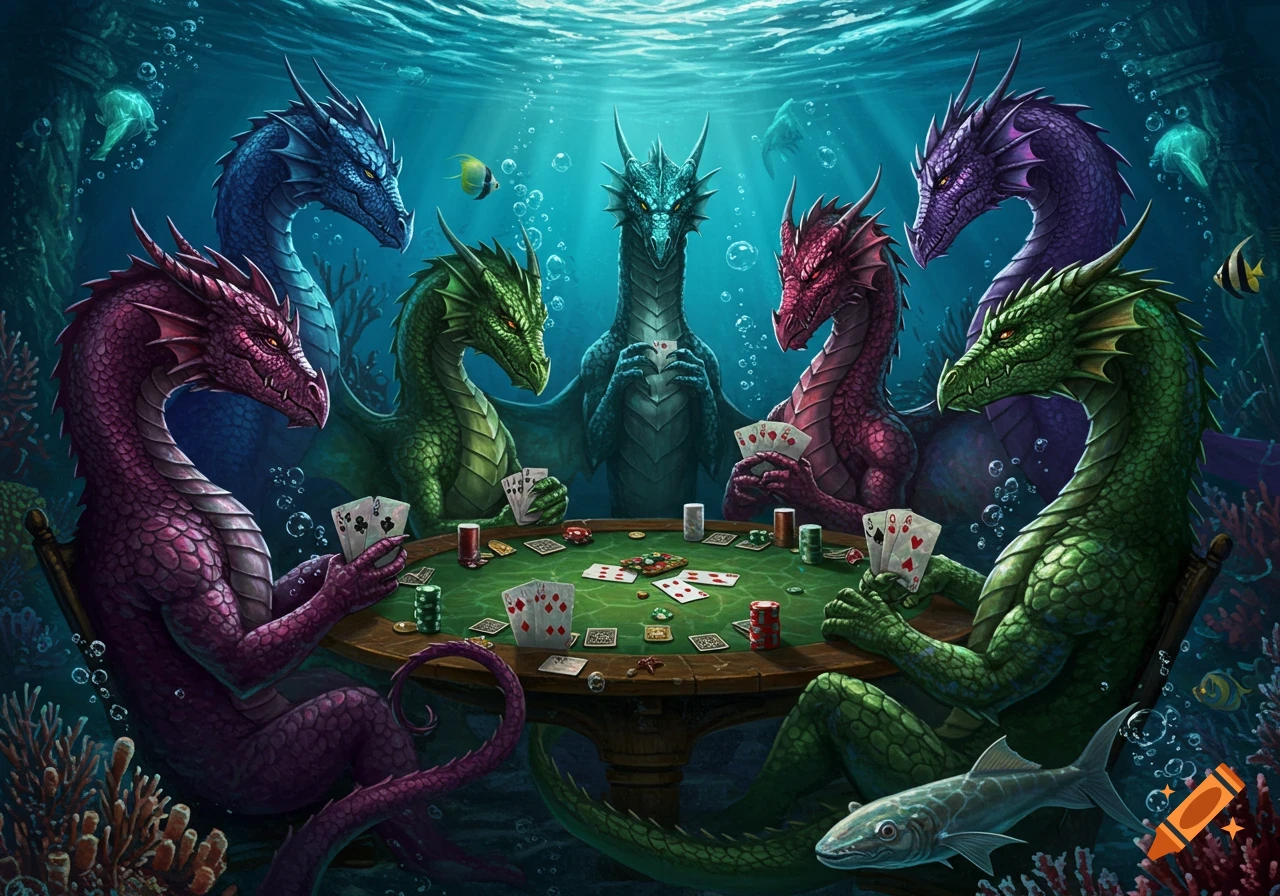 Highly detailed fantasy scene of colorful dragons playing poker at a table underwater, surrounded by coral and marine life.