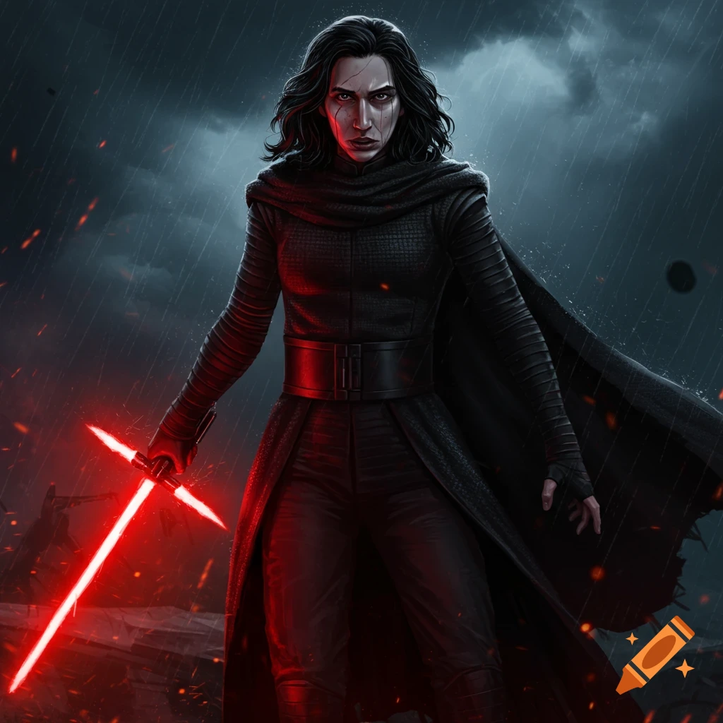 A dark-haired woman dressed as Kylo Ren stands in the rain, holding a red crossguard lightsaber. Digital art.