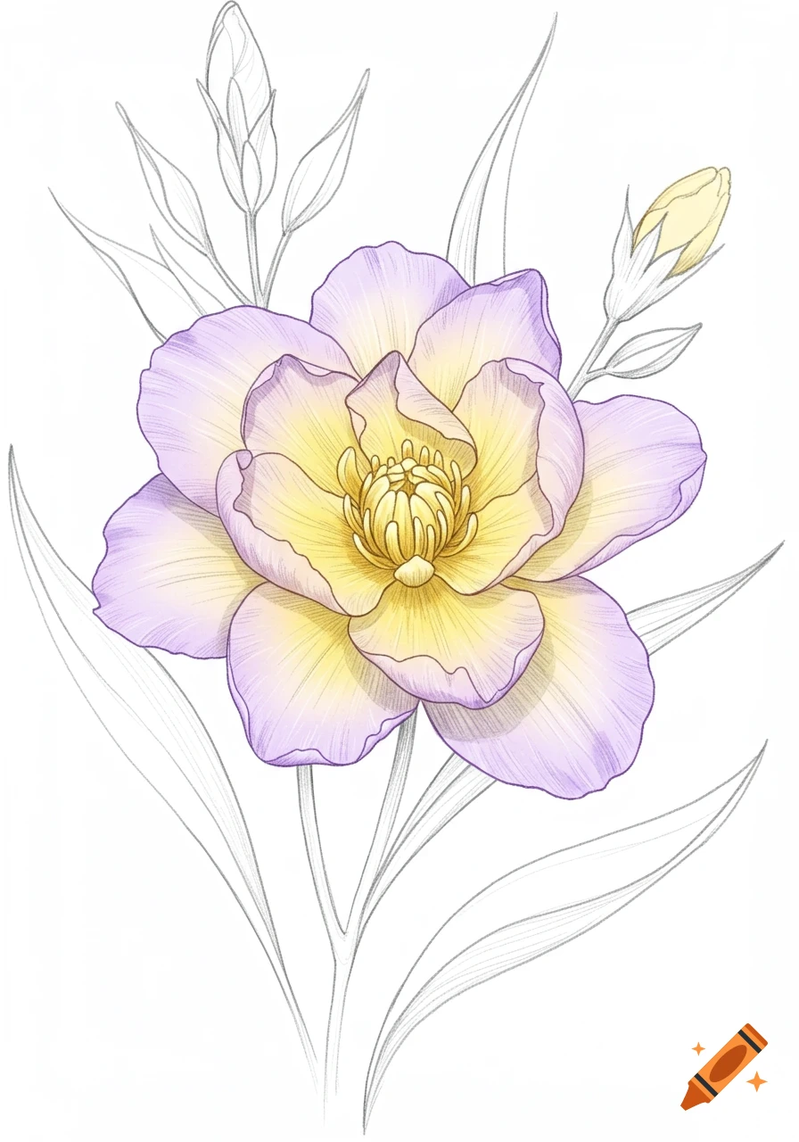 Hand-drawn illustration of a purple and yellow flower with intricate details, surrounded by outlined leaves and buds.