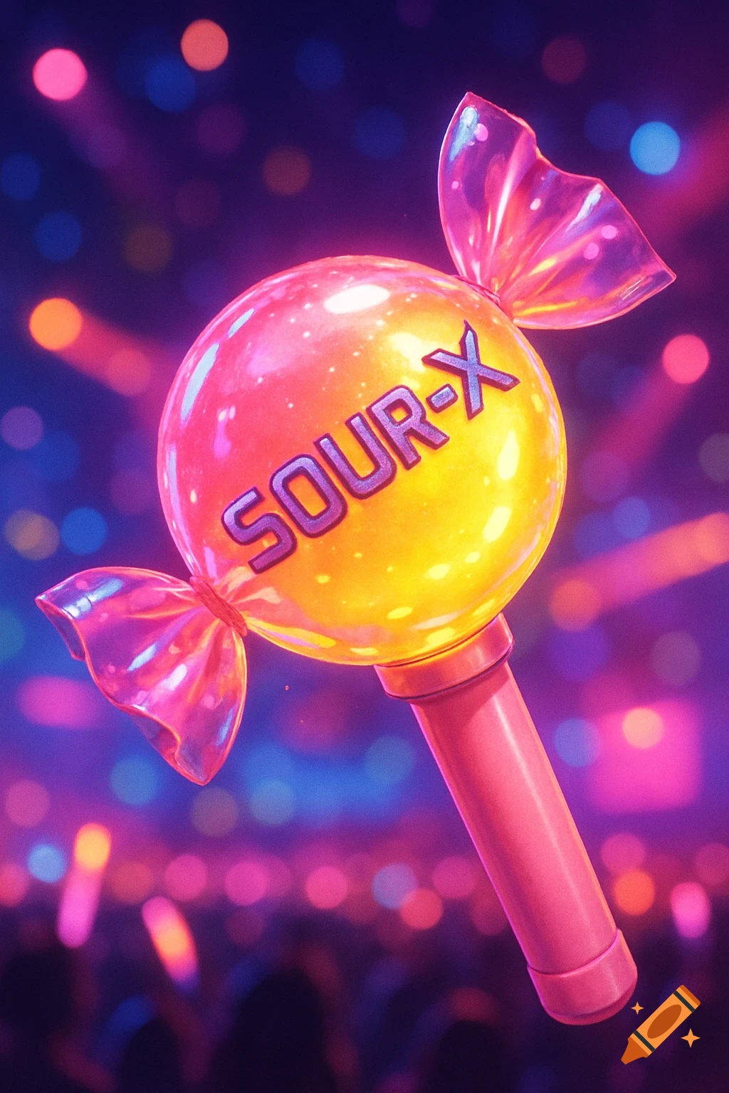 A vibrant candy-shaped K-pop light stick glows against a blurred, colorful concert background.