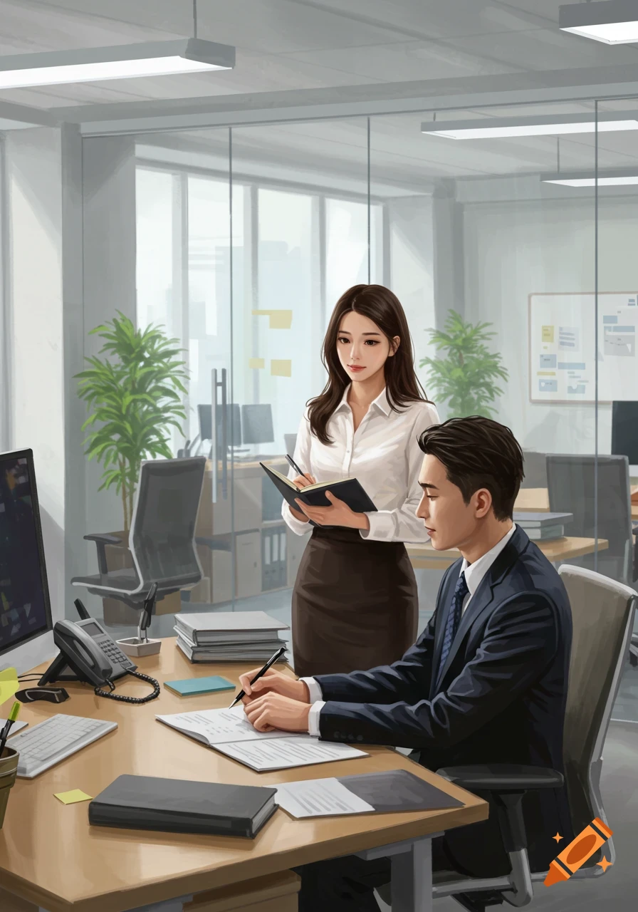 Illustrated scene of a man writing at an office desk while a woman stands beside him, holding a notebook.