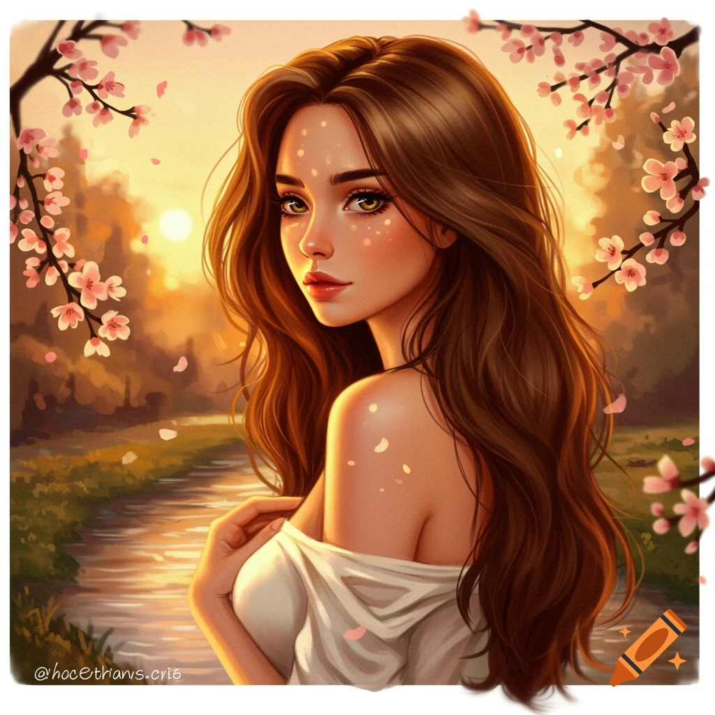 A digital art portrait of a woman with long brown hair, surrounded by cherry blossoms at sunset, with a stream in the background.