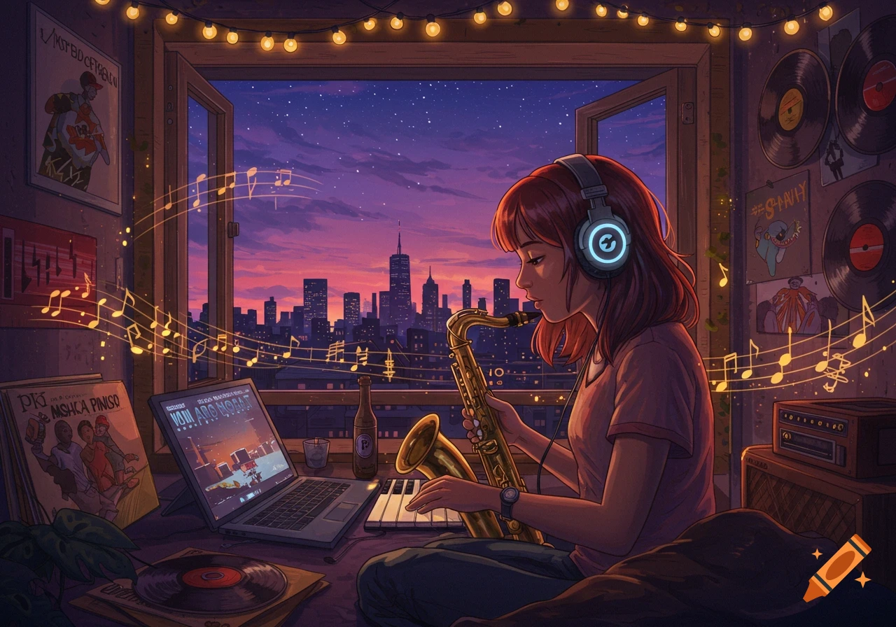 Anime-style girl with headphones playing saxophone by a
