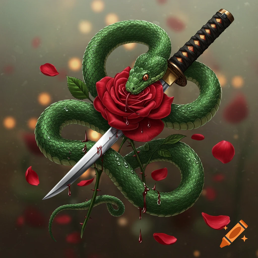 A green snake with a forked tongue coiled around a red rose, which is pierced by a silver Wakizashi sword, with red droplets and scattered rose petals against a blurred background.