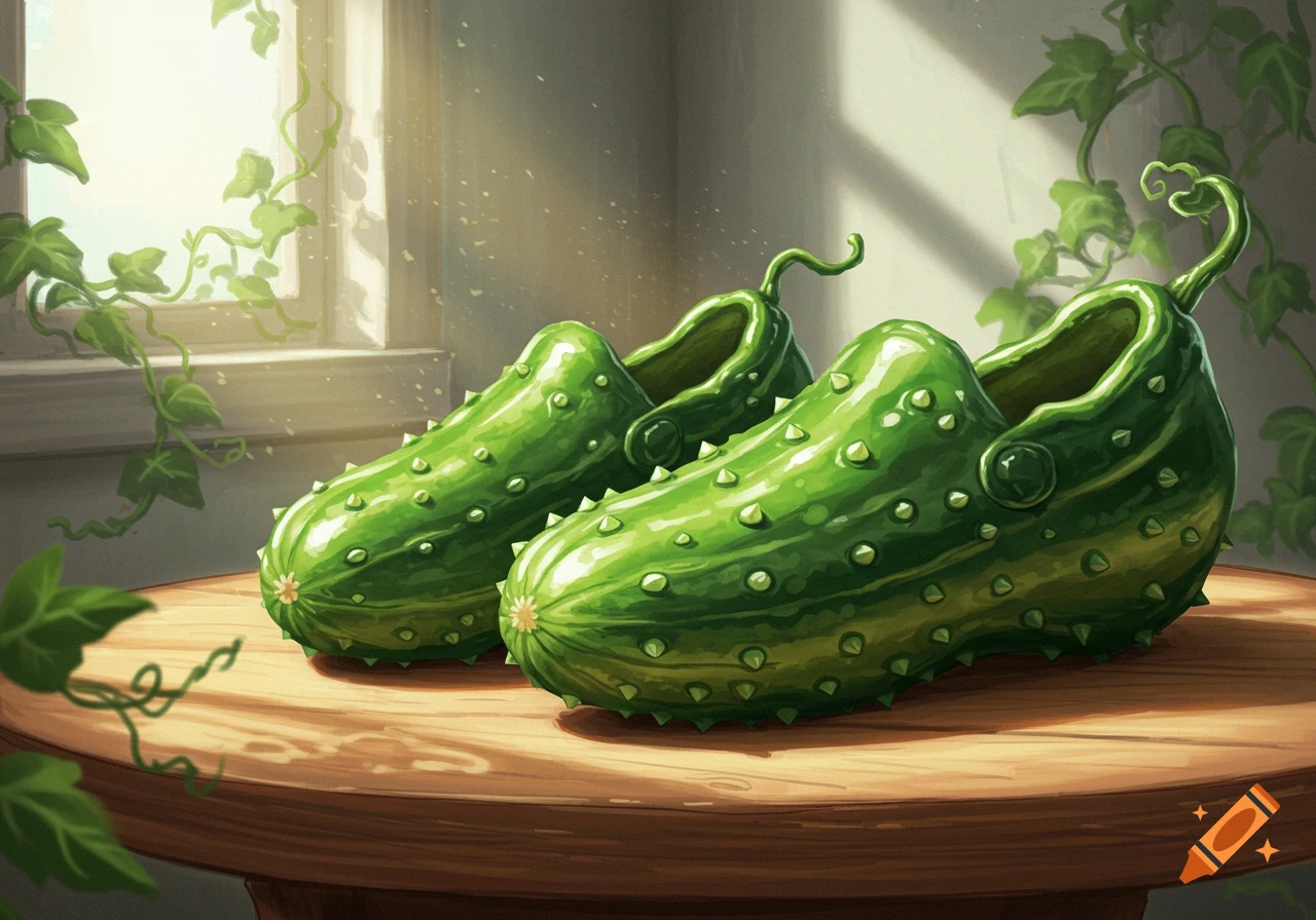 Two vibrant green shoes shaped like cucumbers with textured bumps, sitting on a polished wooden table bathed in soft sunlight from a nearby window with green vines.