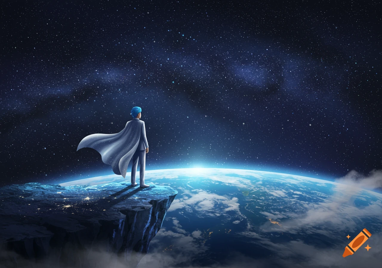 A person with blue hair and a cape stands on a floating island, looking down at Earth and stars in space.