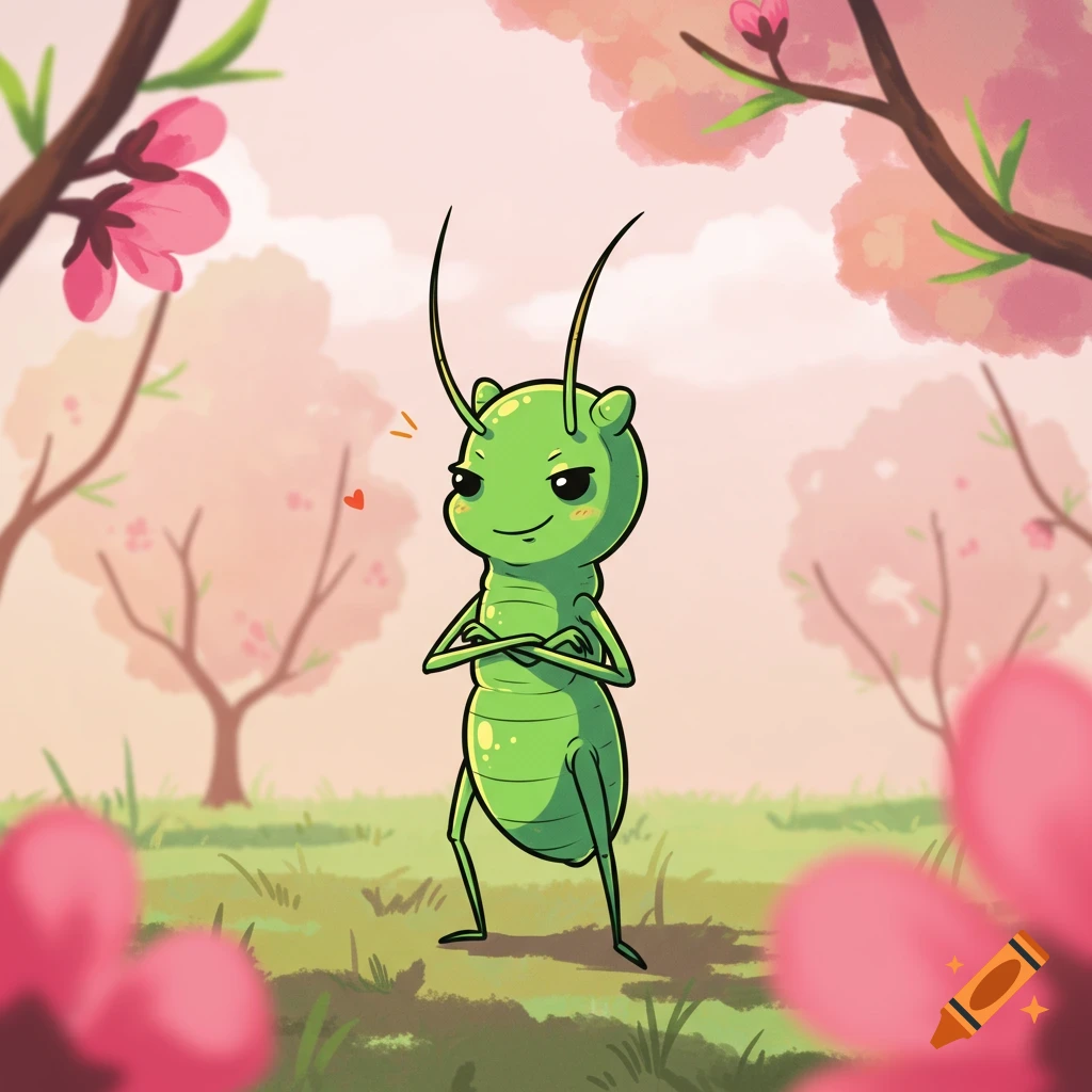 A cartoon green aphid with crossed arms and a smirk stands in a cherry blossom garden.