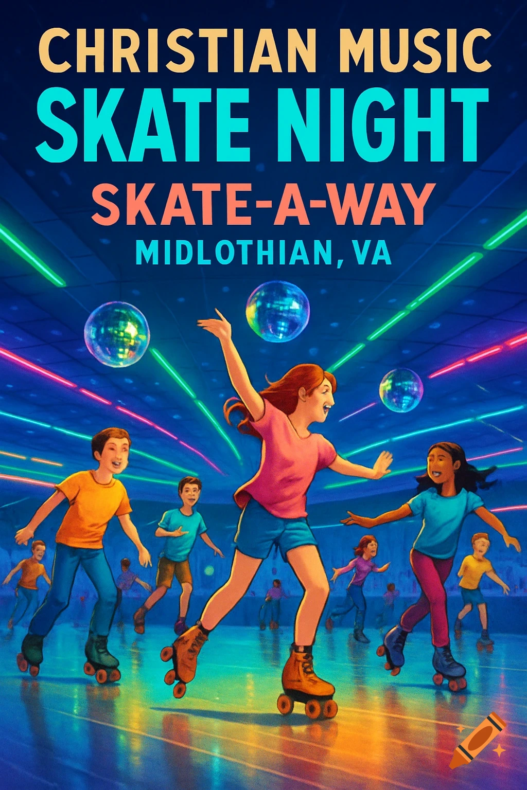 A vibrant illustration of children roller skating at a 'Christian Music Skate Night' with neon lights and disco balls.