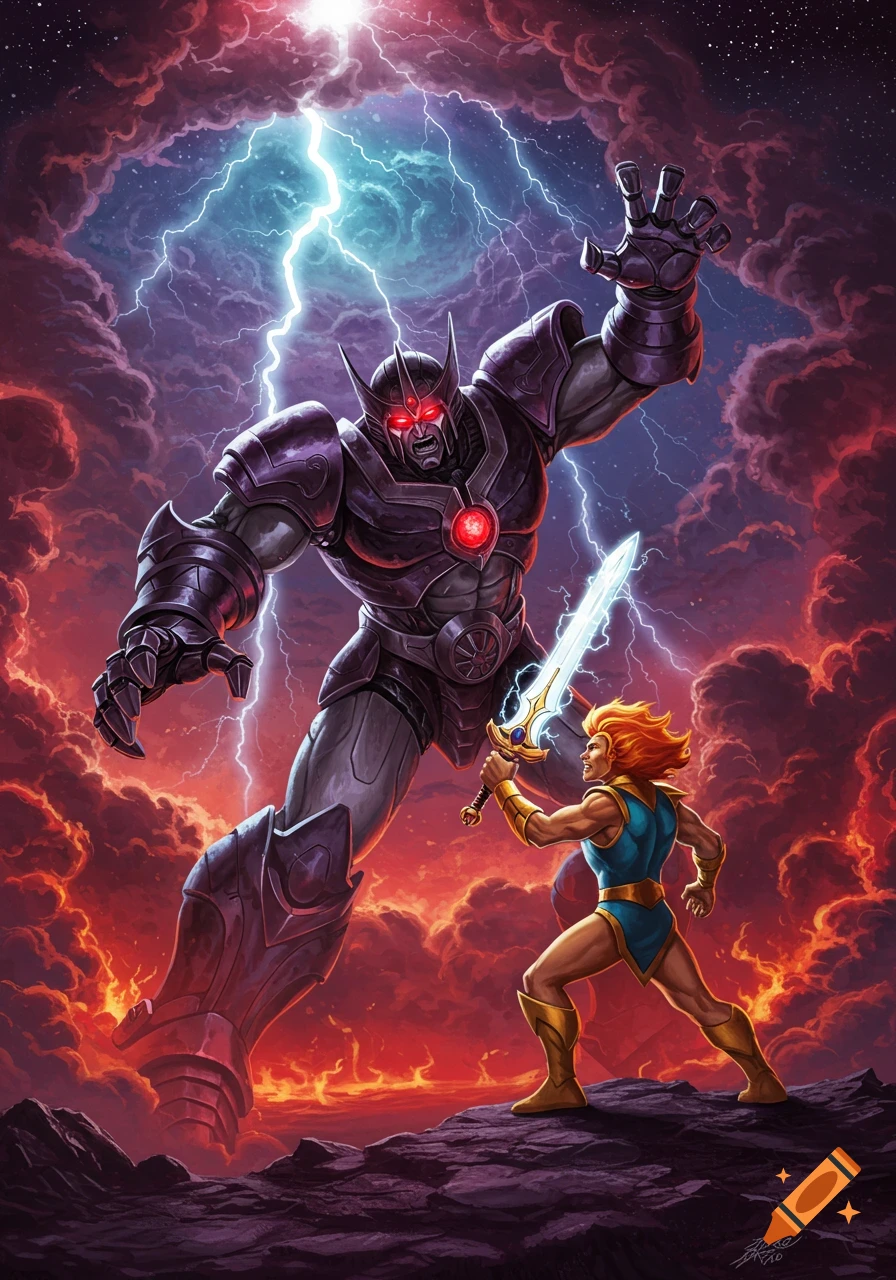 Galvatron, a large dark robot, faces Lion-O, a muscular warrior with a glowing sword, under a stormy, lightning-filled sky.