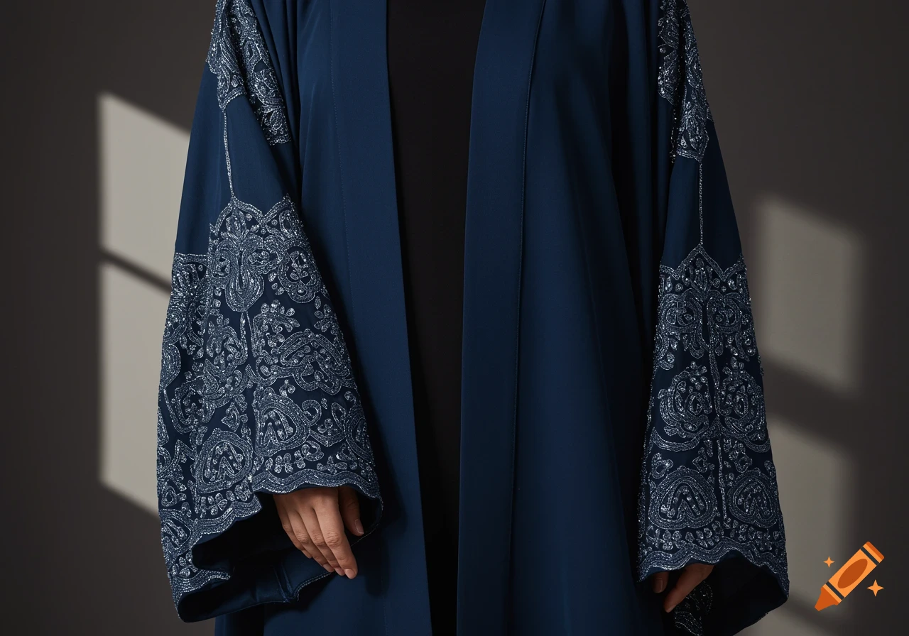Close-up of a dark blue abaya with intricate silver embroidery on the sleeves, against a dark background with sun rays.