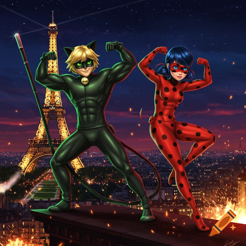 Ladybug and Cat Noir, in their superhero suits, flex muscular poses on a Paris rooftop at night with the Eiffel Tower behind them.
