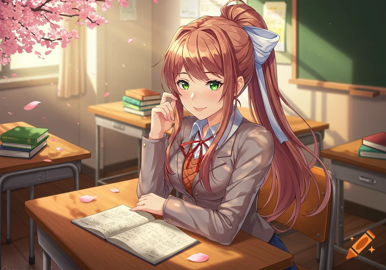 An anime girl with long brown hair and green eyes, wearing a school uniform, sits at a desk in a sunlit classroom with an open book.