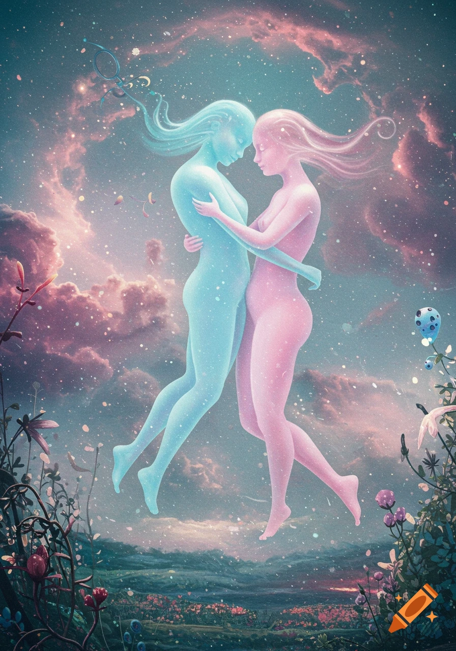 Two glowing, ethereal figures in pink and blue embrace in a surreal, starry cosmic landscape with flora.