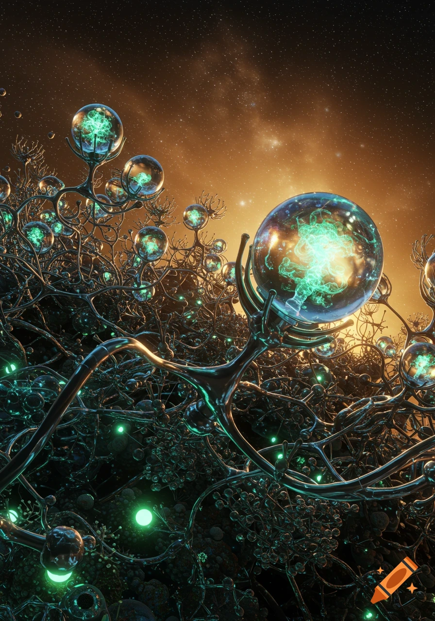 A complex network of glowing green spheres and metallic, neuron-like structures against a starry orange cosmic background.