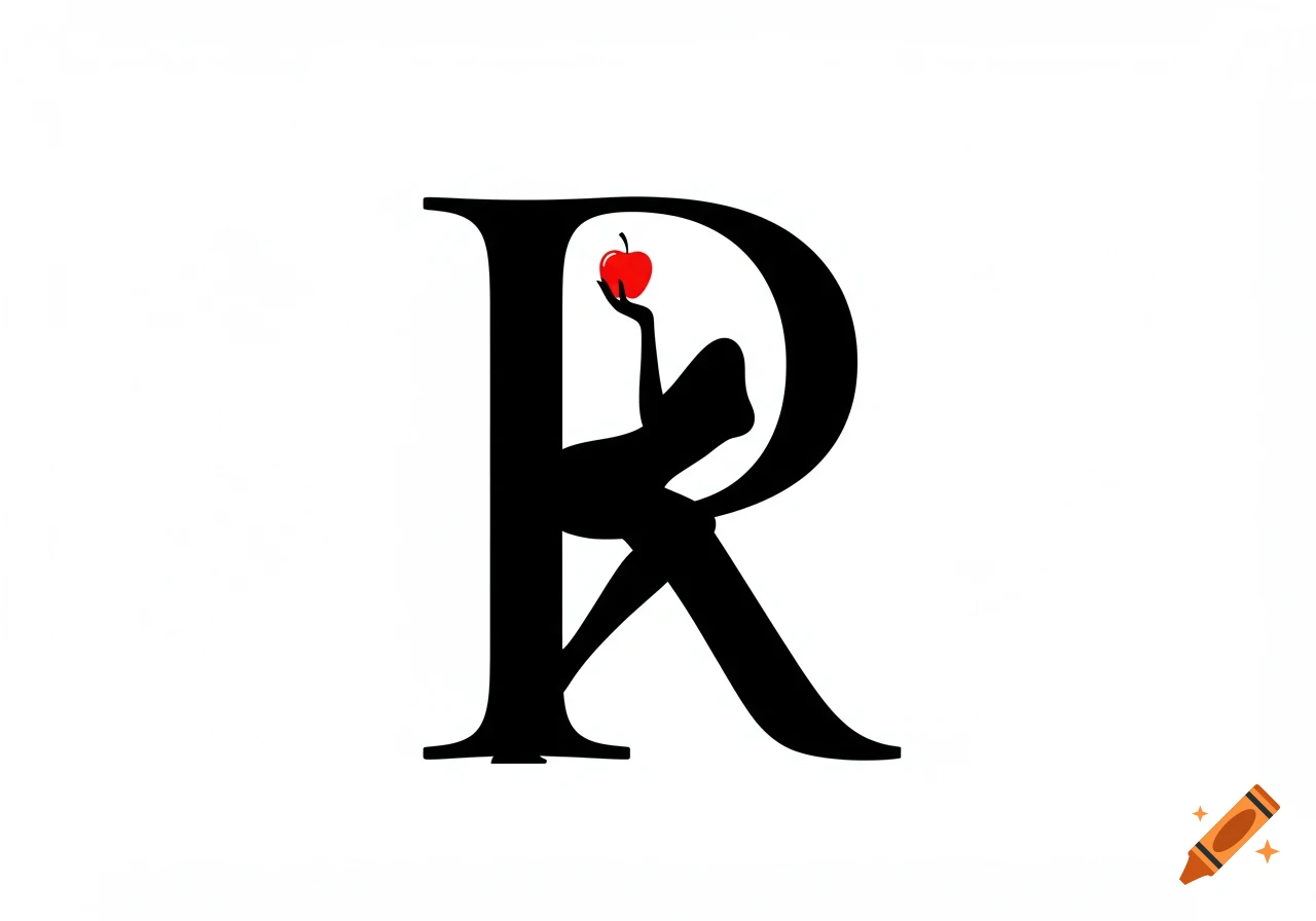 Black silhouette of a reclining woman with a red apple, integrated into the capital letter R, on a white background, minimalist vector style.