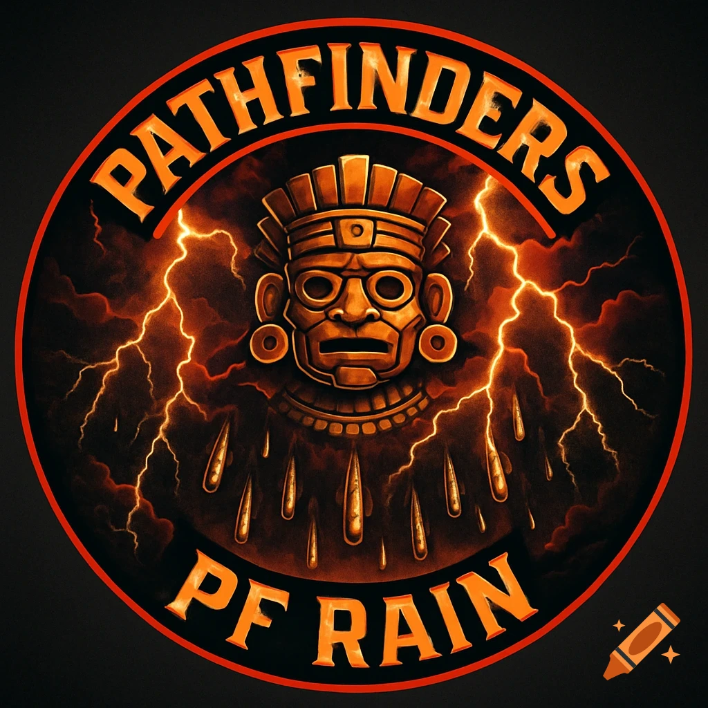 Circular black and gold emblem featuring a Mesoamerican mask, orange lightning, and the words 'PATHFINDERS' and 'PF RAIN'.